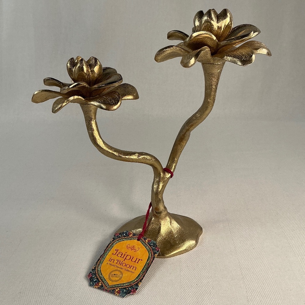 Double Flower Gold Metal Candleholder/Sculpture